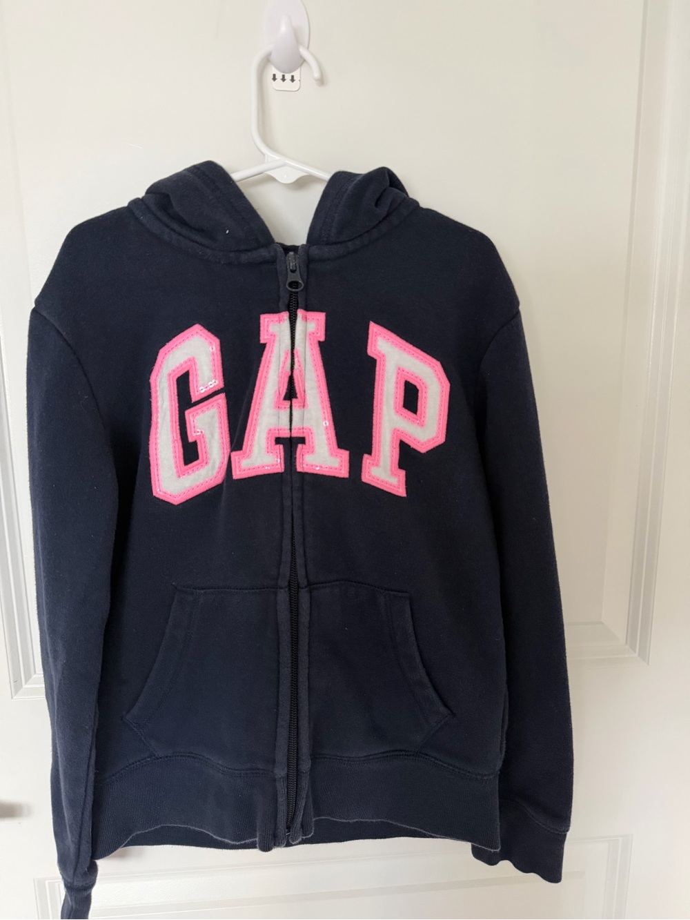 GAP Navy Zip-Up Hoodie with Pink Lettering
